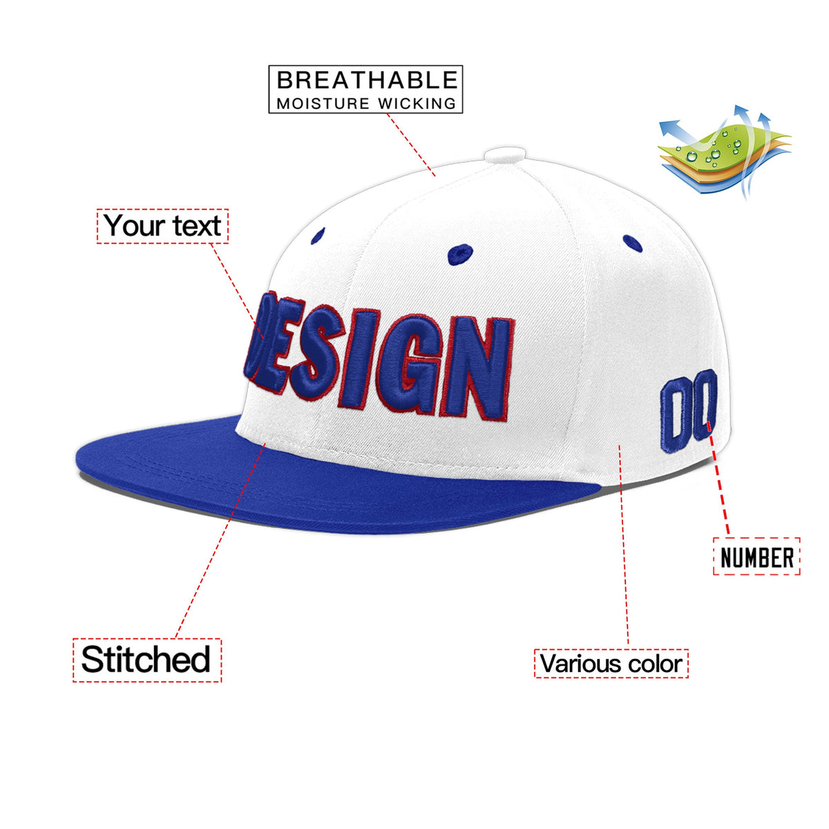 Custom White Royal Blue 3D Puff Embroidery Flat Embroidery Casual Sport Baseball Cap