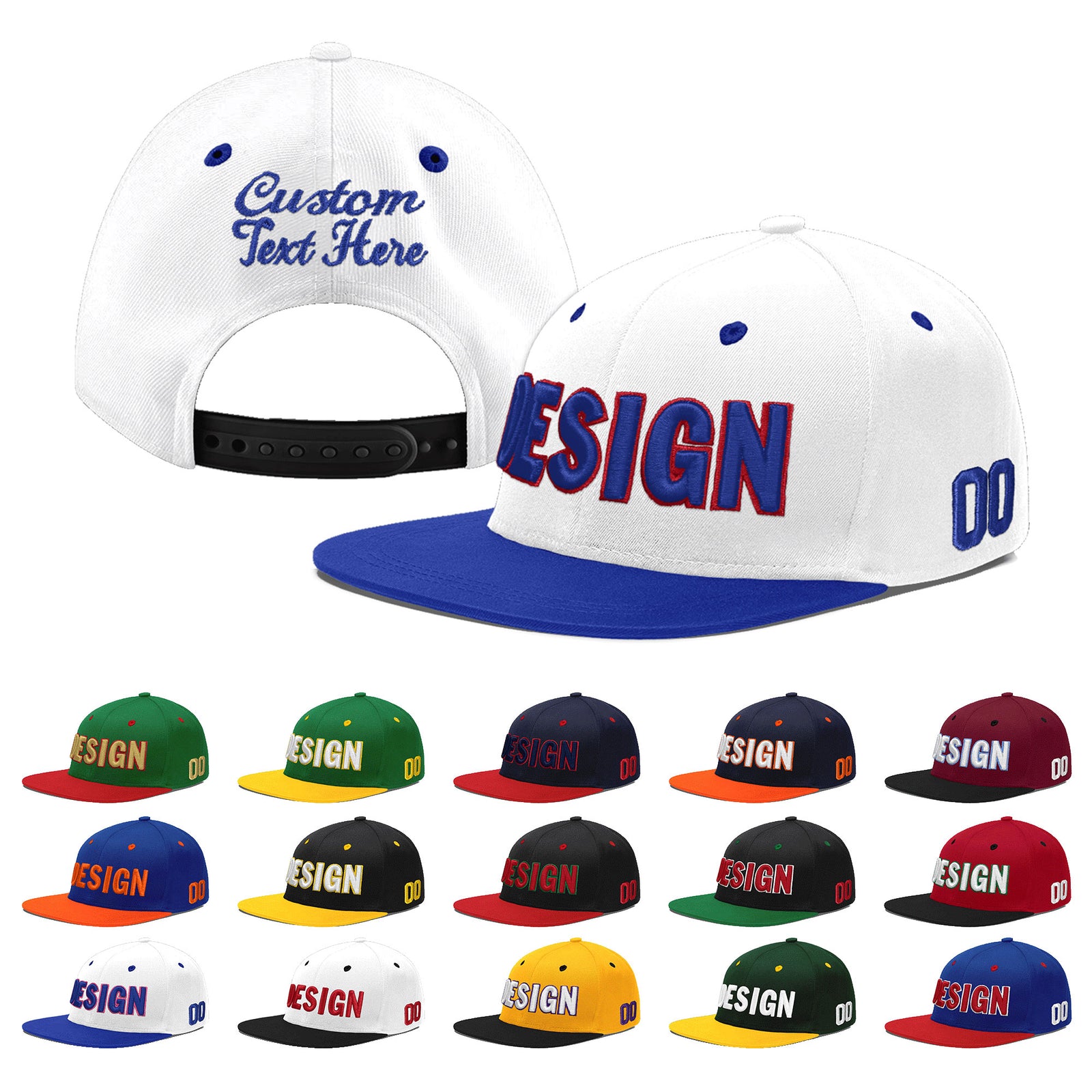 Custom White Royal Blue 3D Puff Embroidery Flat Embroidery Casual Sport Baseball Cap