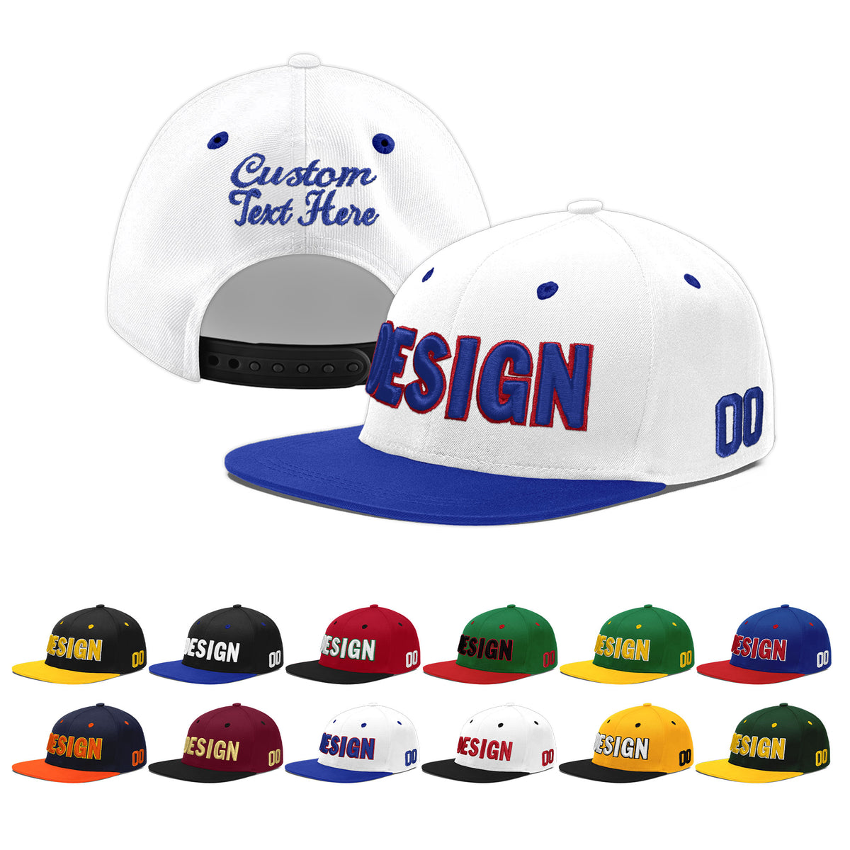 Custom White Royal Blue 3D Puff Embroidery Flat Embroidery Casual Sport Baseball Cap