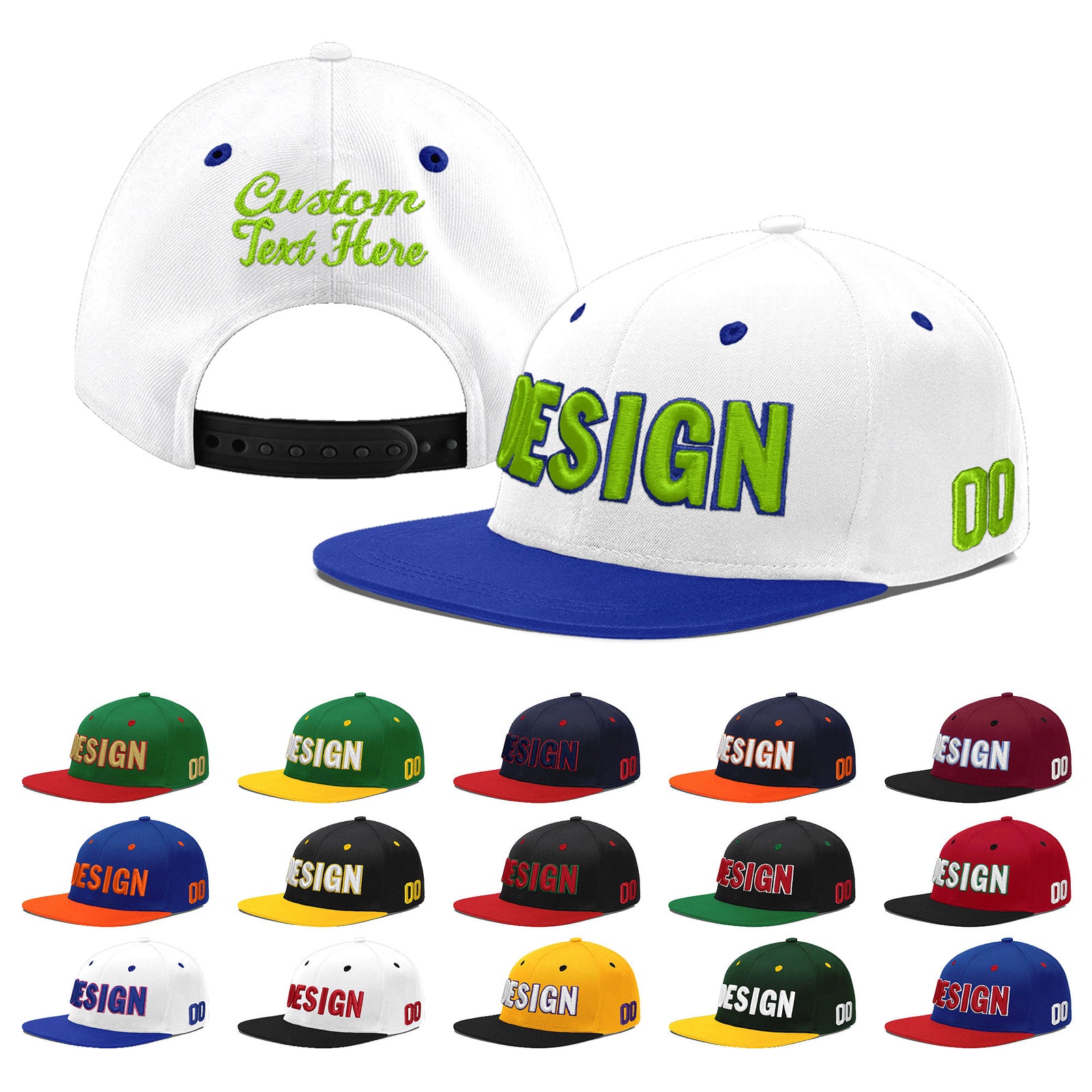 Custom White Royal Blue 3D Puff Embroidery Flat Embroidery Casual Sport Baseball Cap