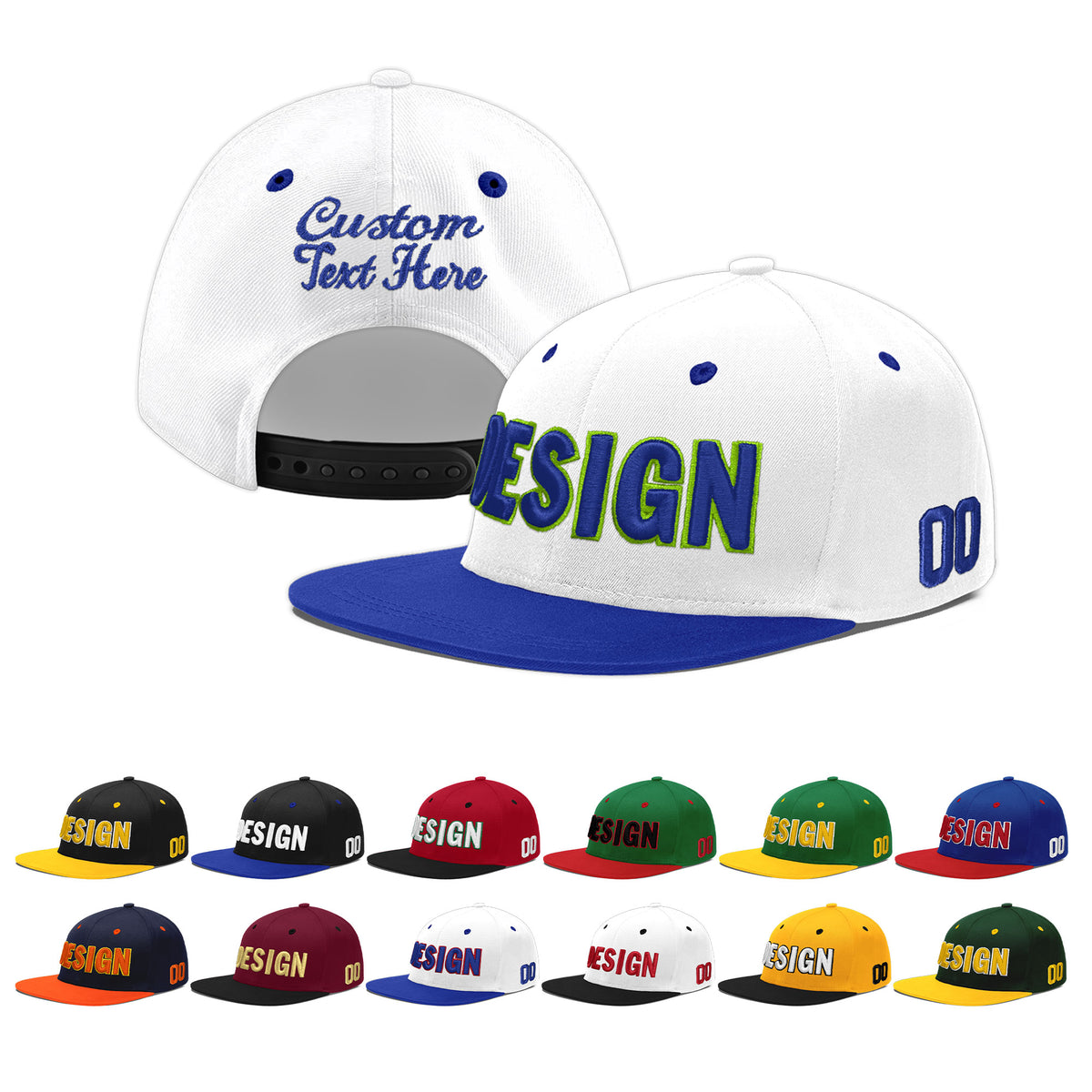 Custom White Royal Blue 43D Puff Embroidery Flat Embroidery Casual Sport Baseball Cap