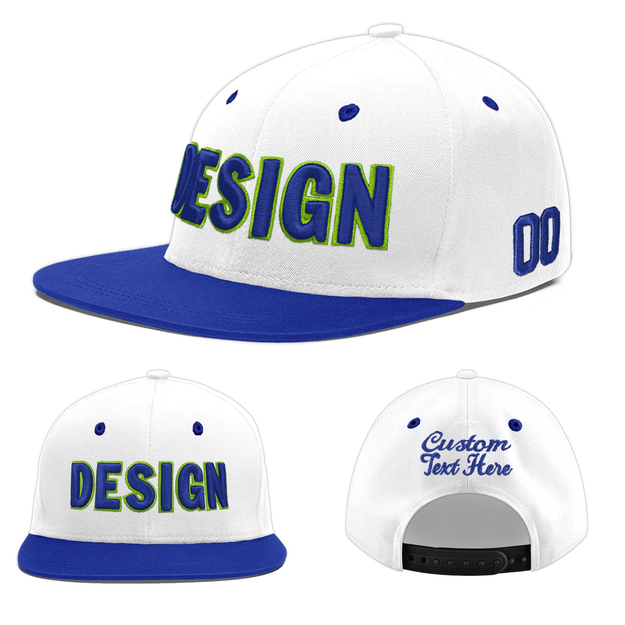 Custom White Royal Blue 44D Puff Embroidery Flat Embroidery Casual Sport Baseball Cap