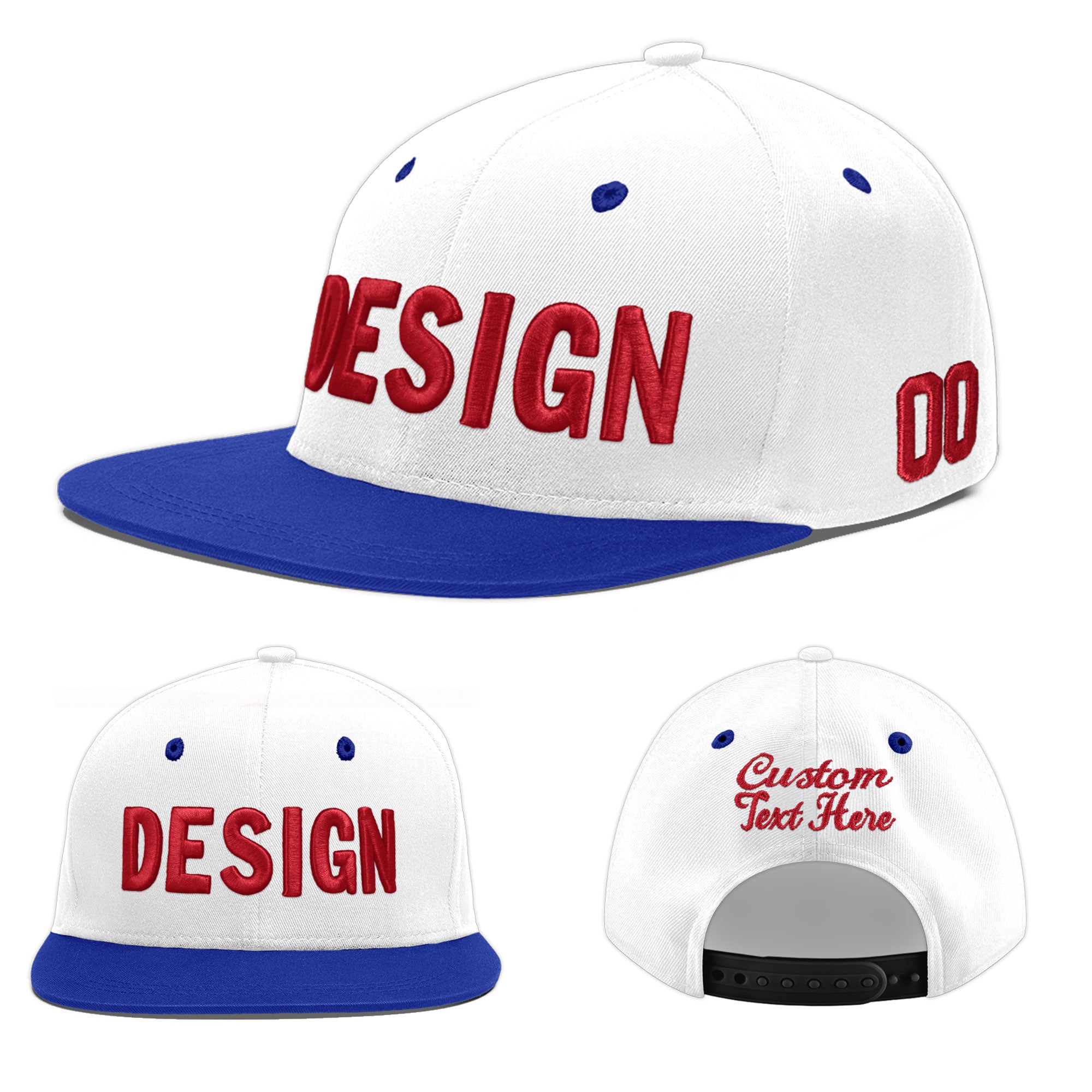 Custom White Royal Blue 52D Puff Embroidery Flat Embroidery Casual Sport Baseball Cap