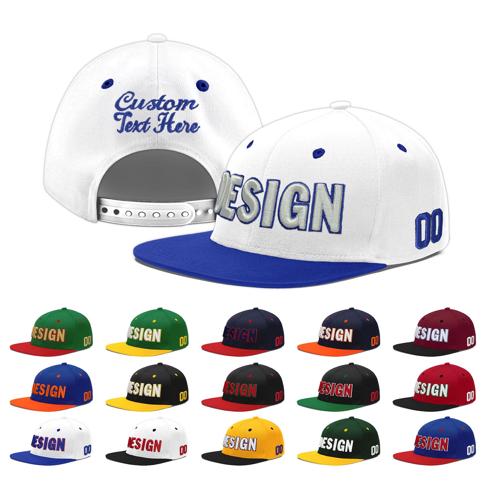 Custom White Royal Blue 59D Puff Embroidery Flat Embroidery Casual Sport Baseball Cap