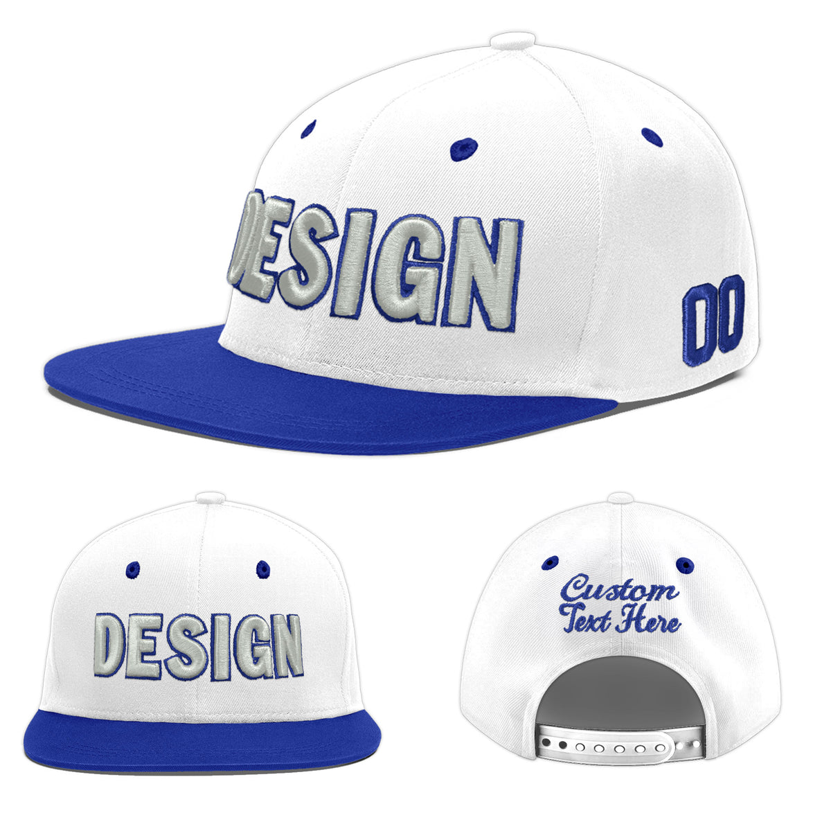 Custom White Royal Blue 60D Puff Embroidery Flat Embroidery Casual Sport Baseball Cap