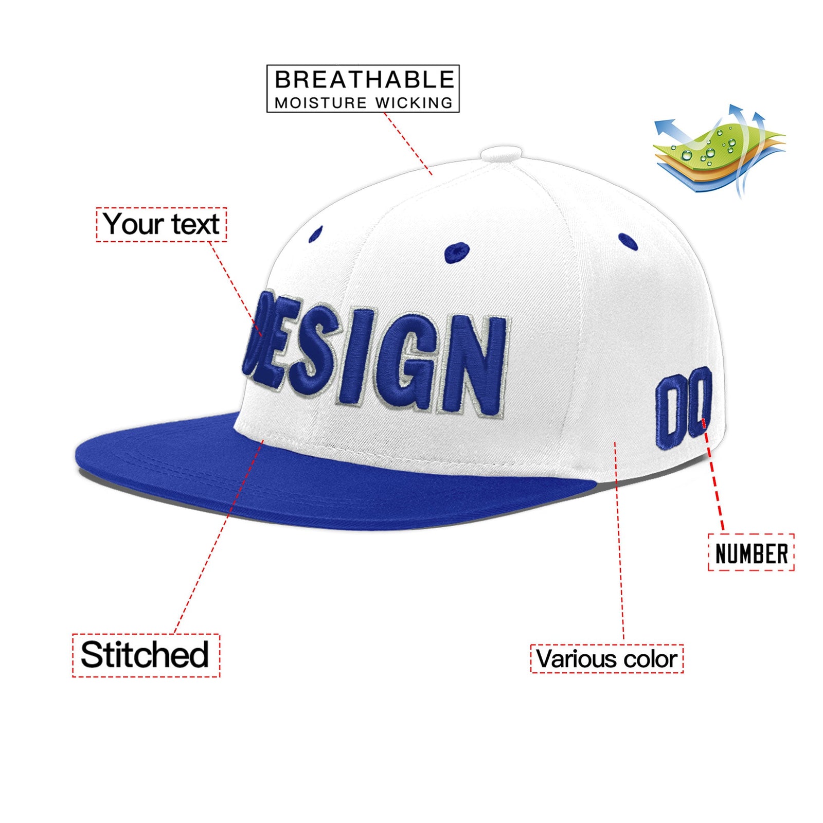 Custom White Royal Blue 69D Puff Embroidery Flat Embroidery Casual Sport Baseball Cap
