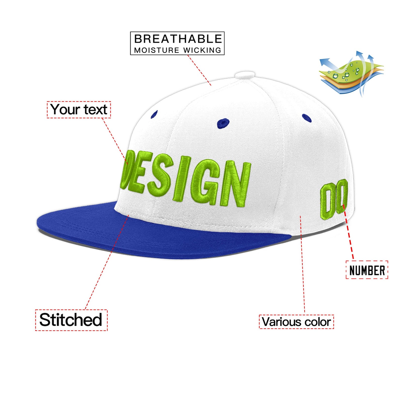 Custom White Royal Blue 45D Puff Embroidery Flat Embroidery Casual Sport Baseball Cap