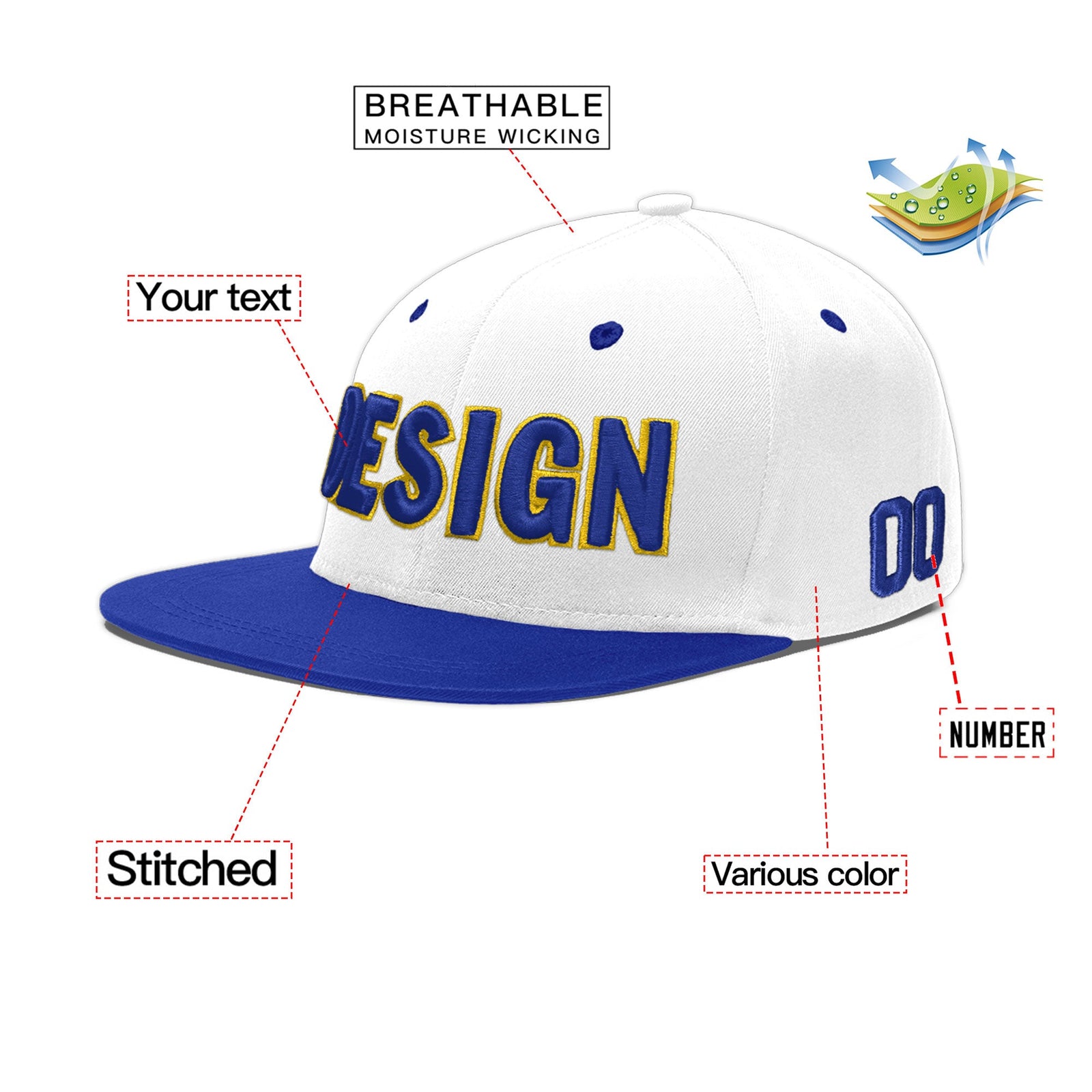 Custom White Royal Blue 53D Puff Embroidery Flat Embroidery Casual Sport Baseball Cap