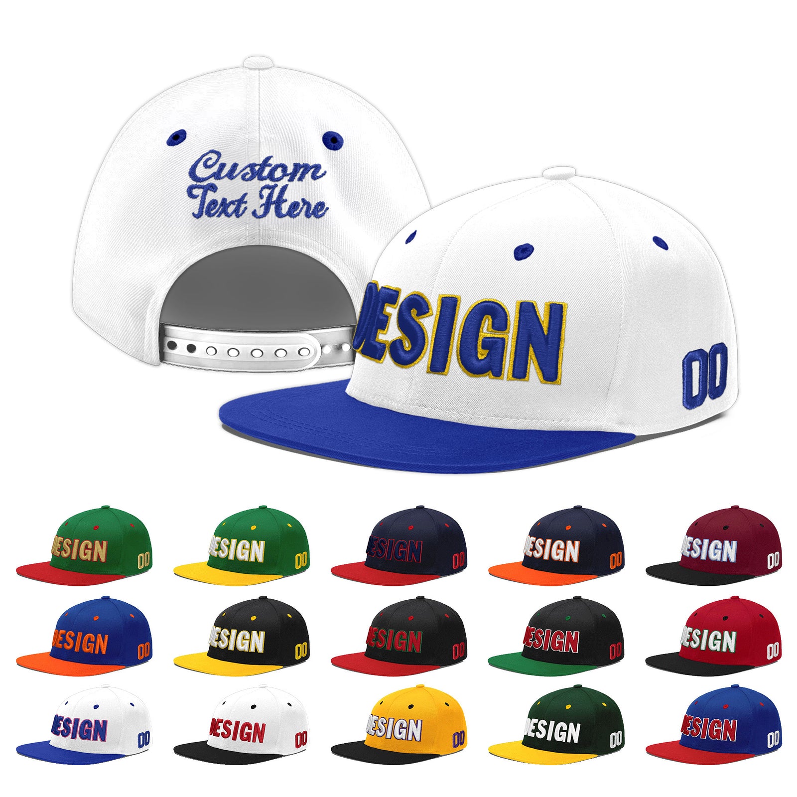 Custom White Royal Blue 51D Puff Embroidery Flat Embroidery Casual Sport Baseball Cap