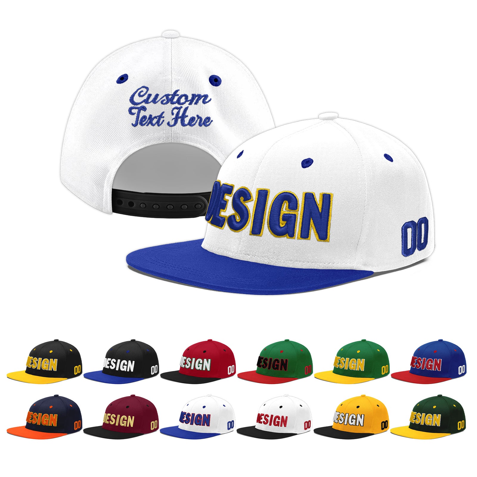 Custom White Royal Blue 51D Puff Embroidery Flat Embroidery Casual Sport Baseball Cap