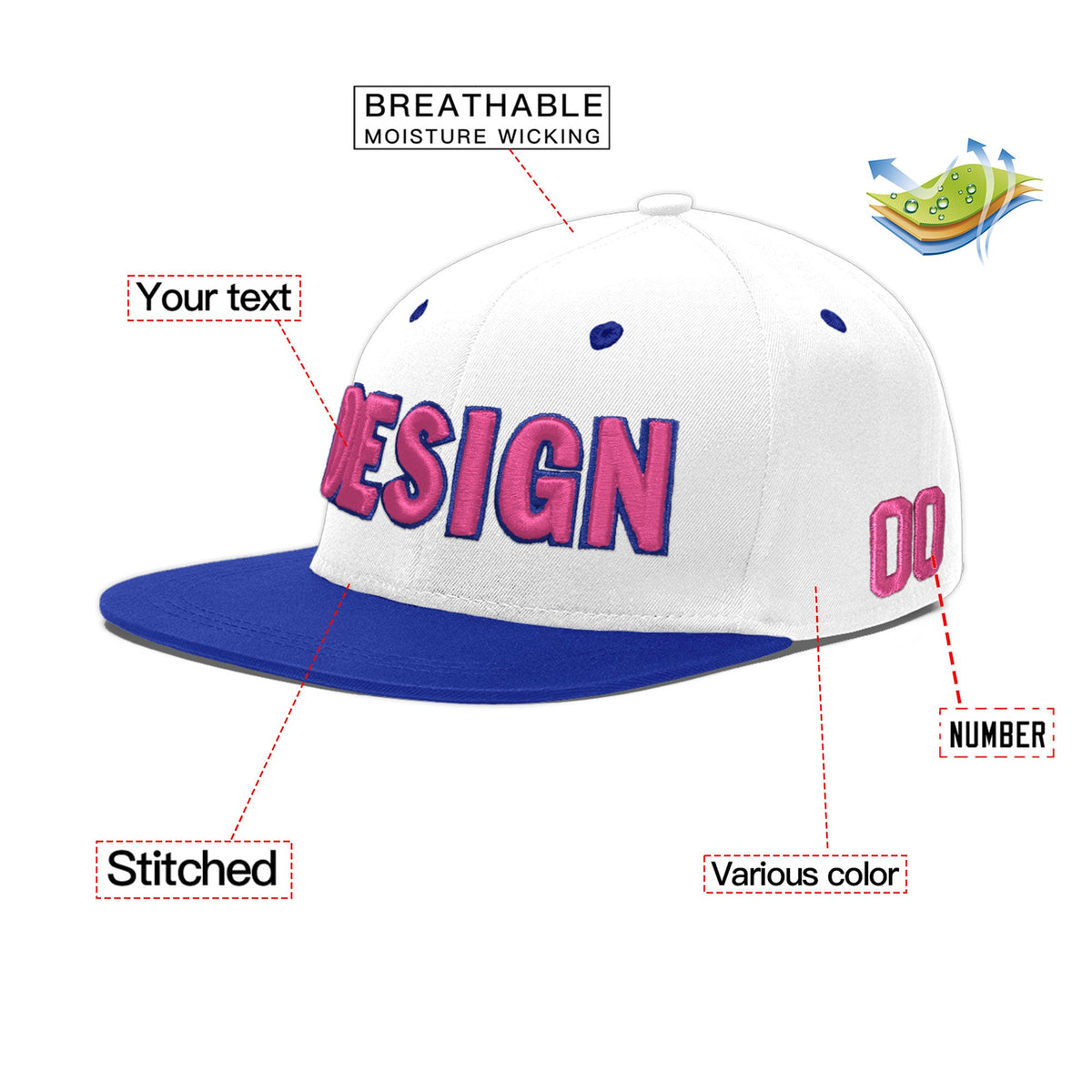 Custom White Royal Blue 69D Puff Embroidery Flat Embroidery Casual Sport Baseball Cap