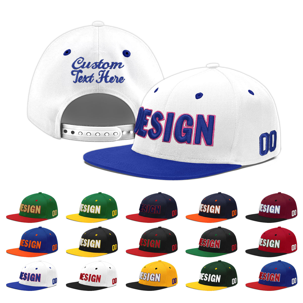 Custom White Royal Blue 75D Puff Embroidery Flat Embroidery Casual Sport Baseball Cap