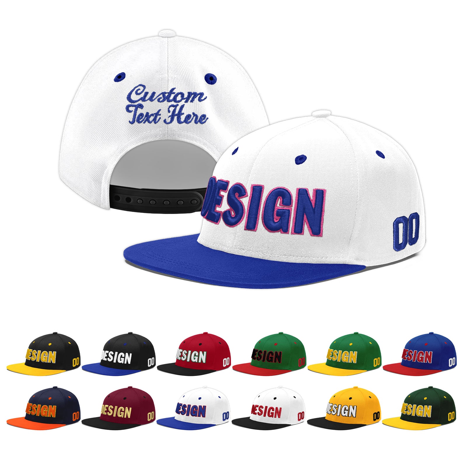 Custom White Royal Blue 75D Puff Embroidery Flat Embroidery Casual Sport Baseball Cap