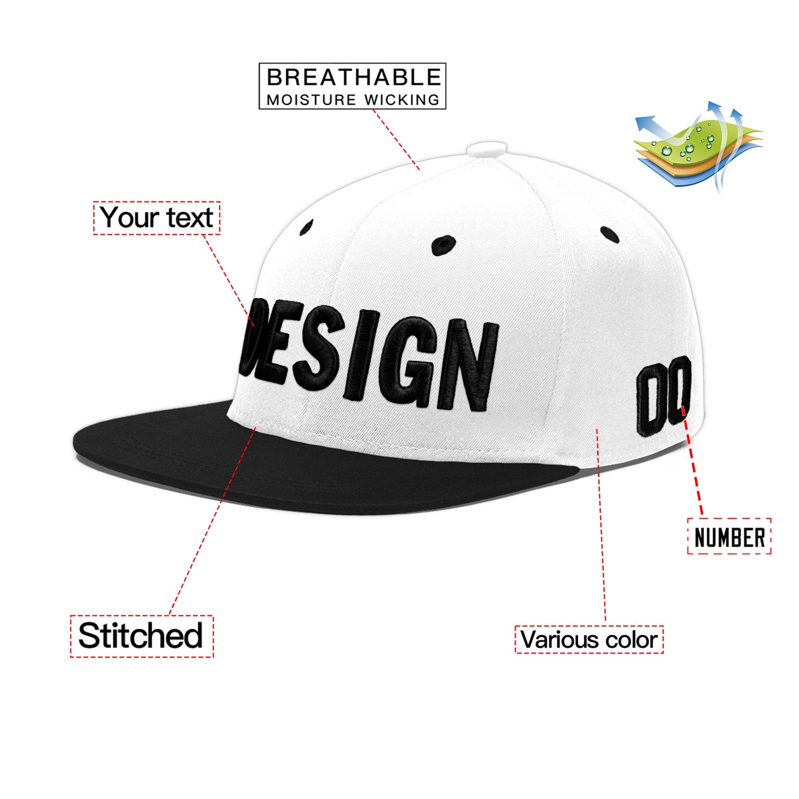 Custom White Black 3D Puff Embroidery Flat Embroidery Casual Sport Baseball Cap