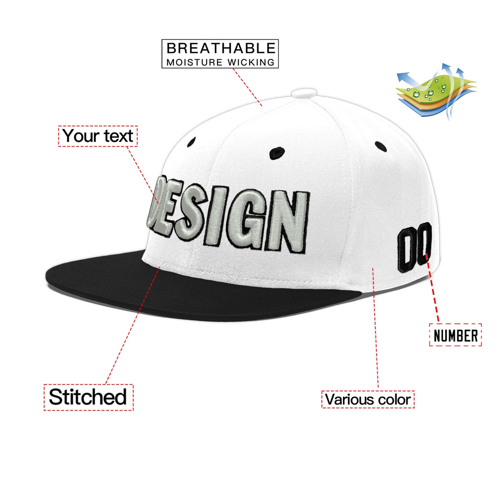 Custom White Black 3D Puff Embroidery Flat Embroidery Casual Sport Baseball Cap