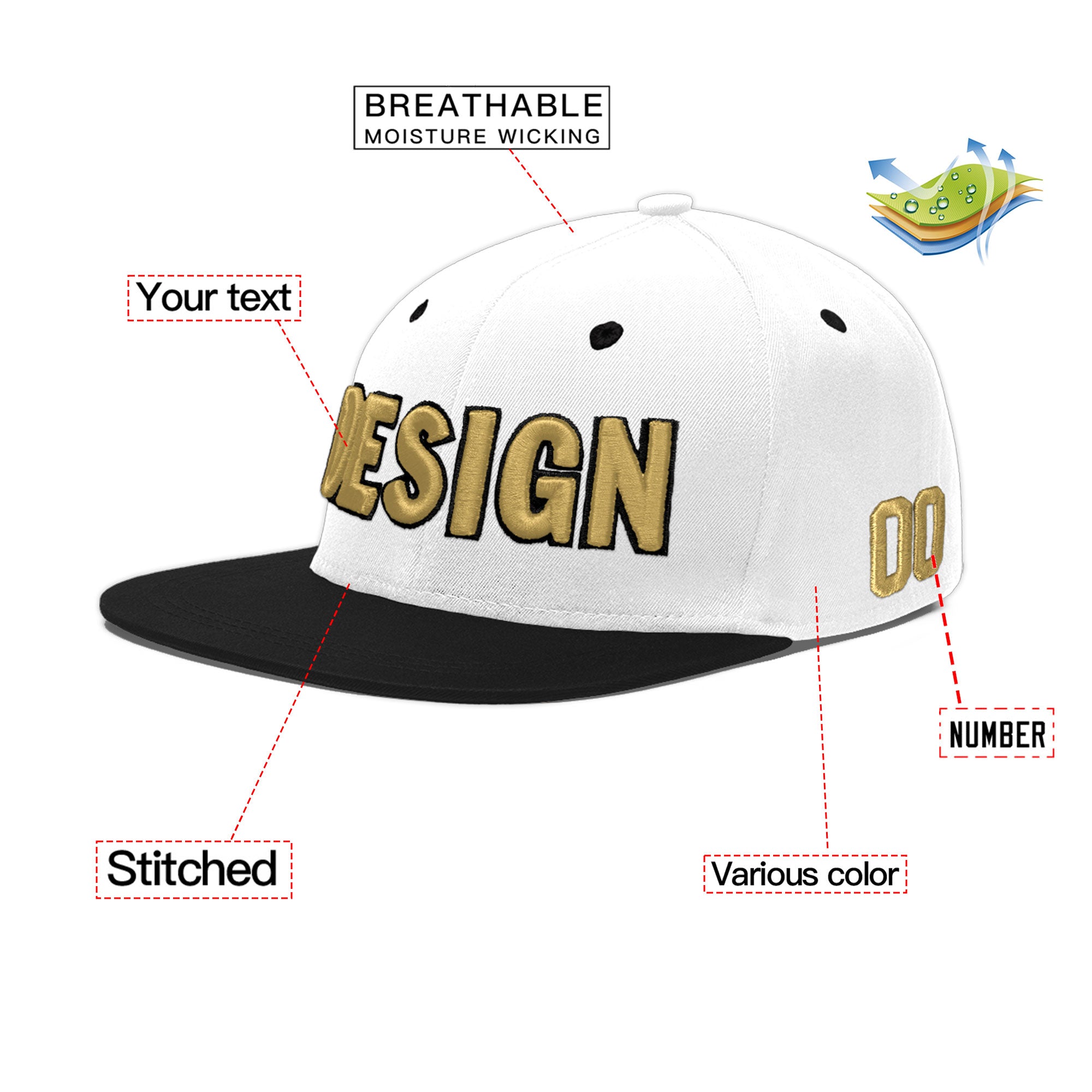 Custom White Black 3D Puff Embroidery Flat Embroidery Casual Sport Baseball Cap