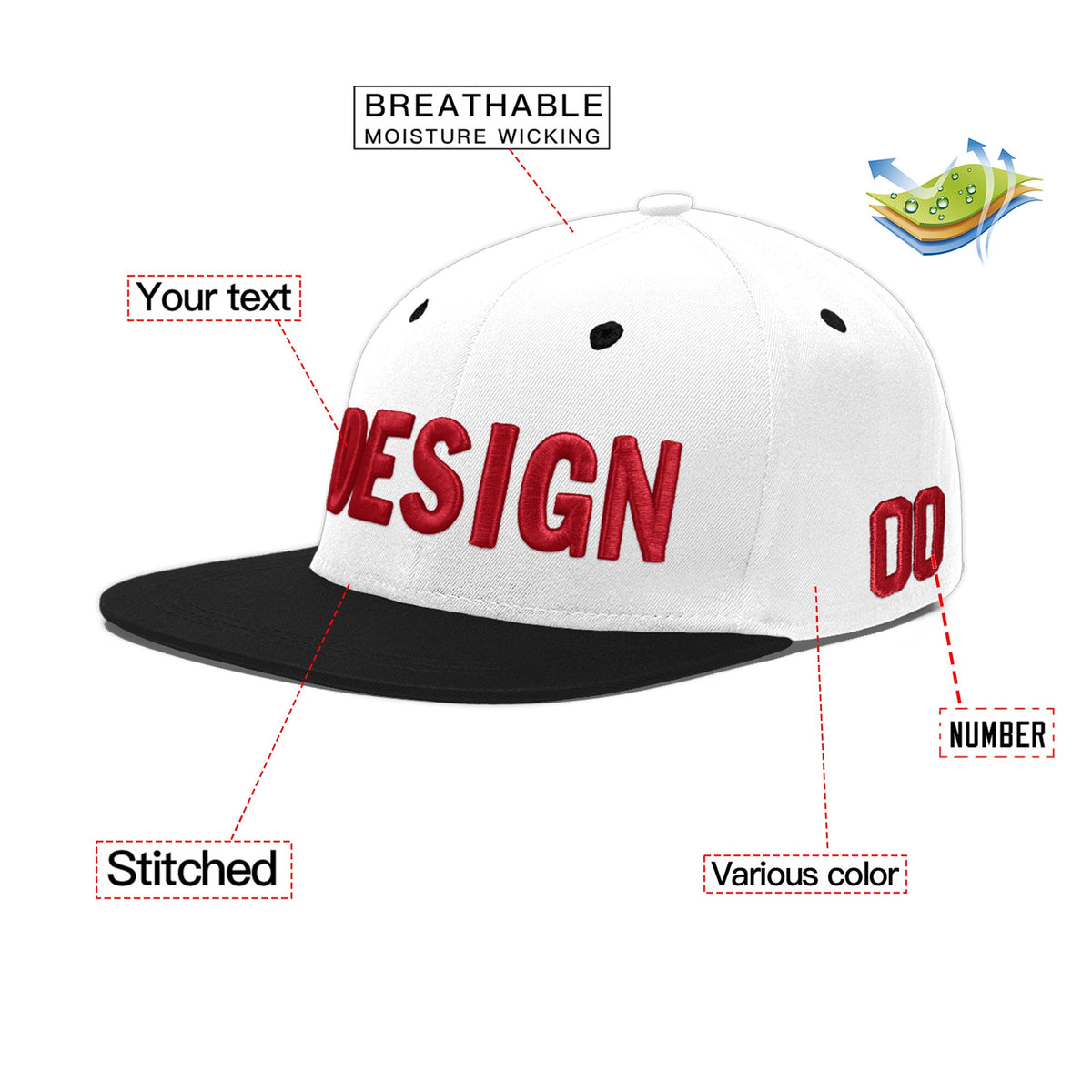 Custom White Black 3D Puff Embroidery Flat Embroidery Casual Sport Baseball Cap