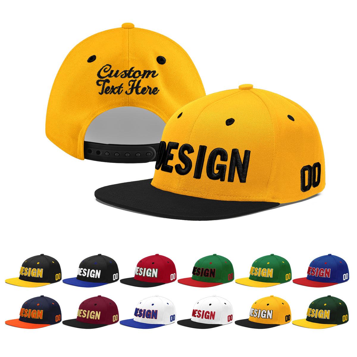 Custom Gold Black 3D Puff Embroidery Flat Embroidery Casual Sport Baseball Cap