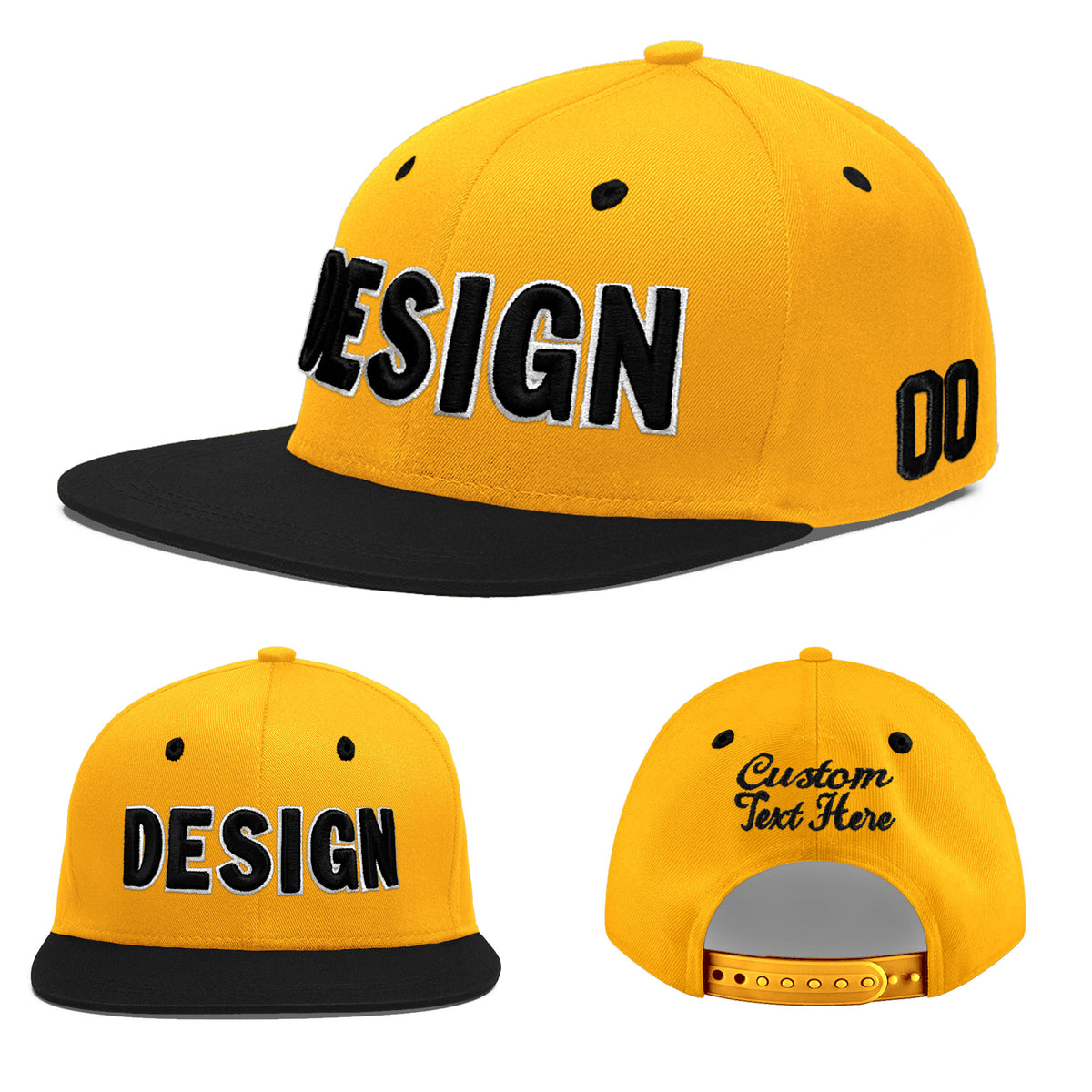 Custom Gold Black 3D Puff Embroidery Flat Embroidery Casual Sport Baseball Cap