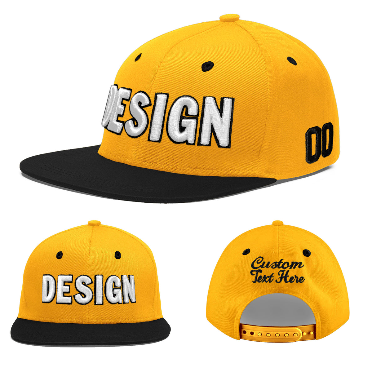 Custom Gold Black 3D Puff Embroidery Flat Embroidery Casual Sport Baseball Cap