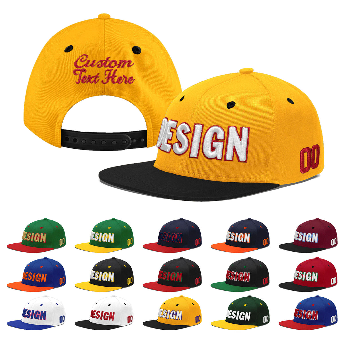 Custom Gold Black 3D Puff Embroidery Flat Embroidery Casual Sport Baseball Cap