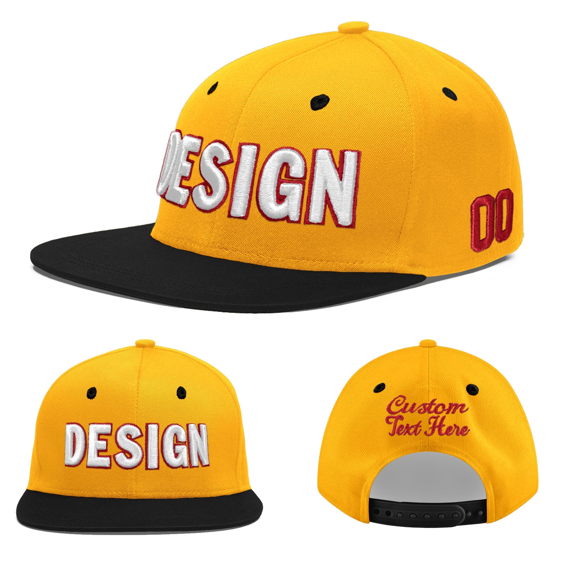 Custom Gold Black 3D Puff Embroidery Flat Embroidery Casual Sport Baseball Cap