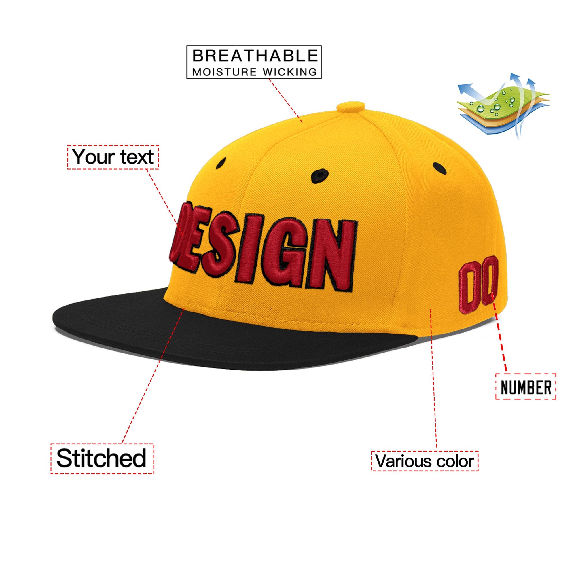 Custom Gold Black 37D Puff Embroidery Flat Embroidery Casual Sport Baseball Cap