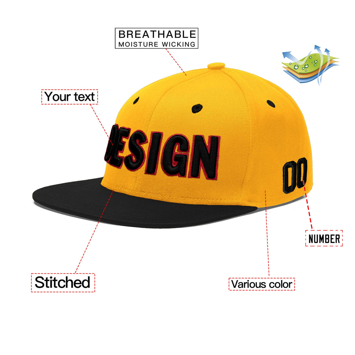 Custom Gold Black 45D Puff Embroidery Flat Embroidery Casual Sport Baseball Cap