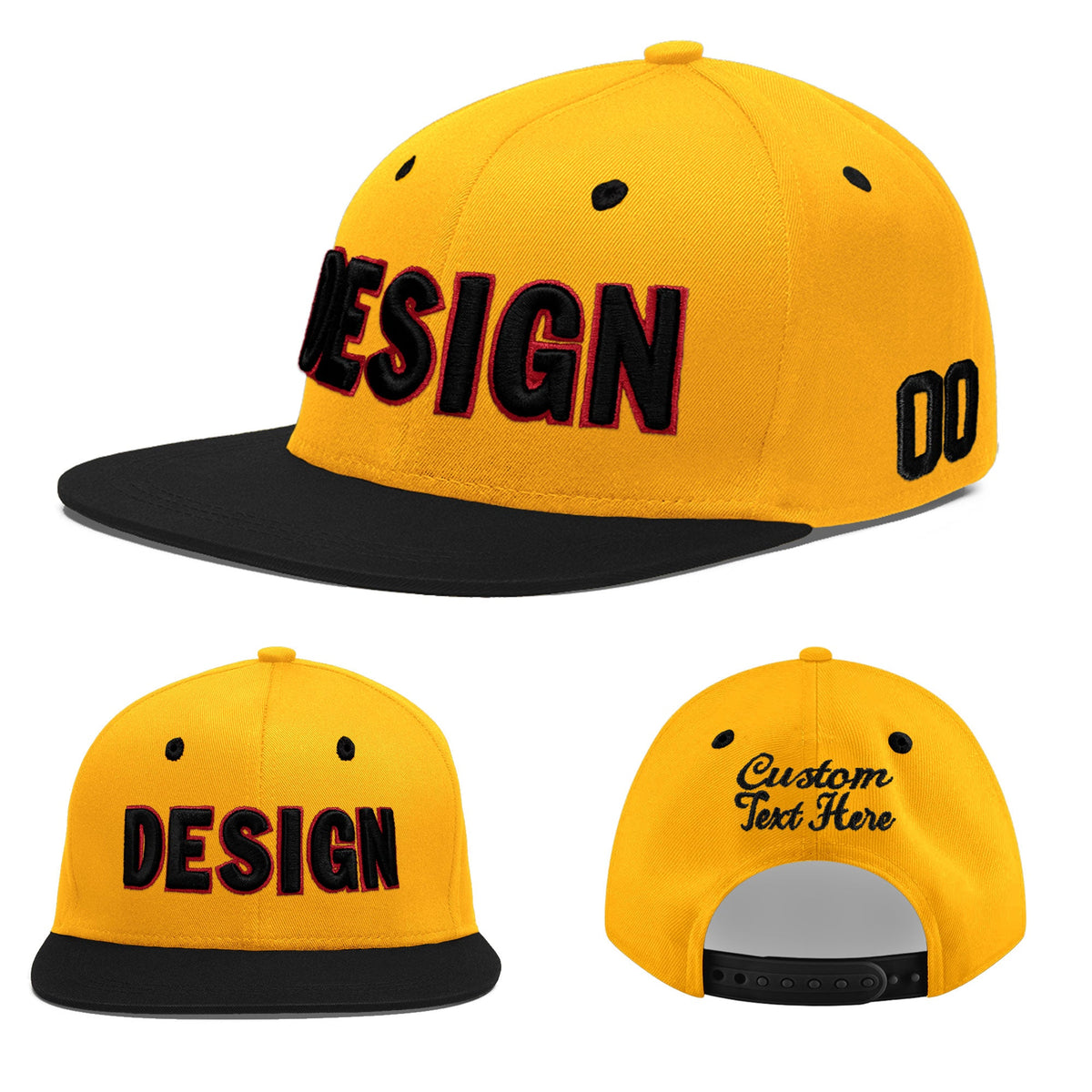 Custom Gold Black 44D Puff Embroidery Flat Embroidery Casual Sport Baseball Cap