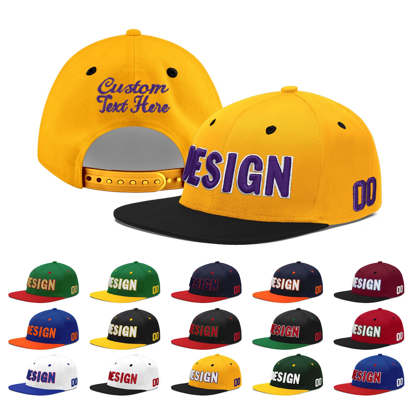 Custom Gold Black 51D Puff Embroidery Flat Embroidery Casual Sport Baseball Cap