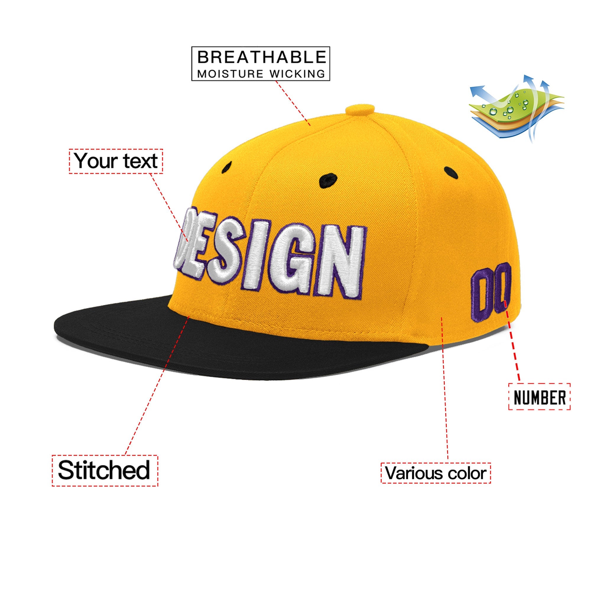 Custom Gold Black 61D Puff Embroidery Flat Embroidery Casual Sport Baseball Cap