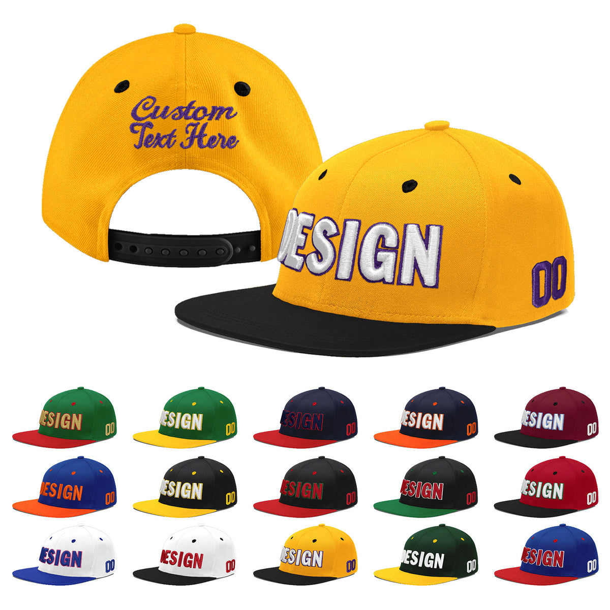 Custom Gold Black 59D Puff Embroidery Flat Embroidery Casual Sport Baseball Cap