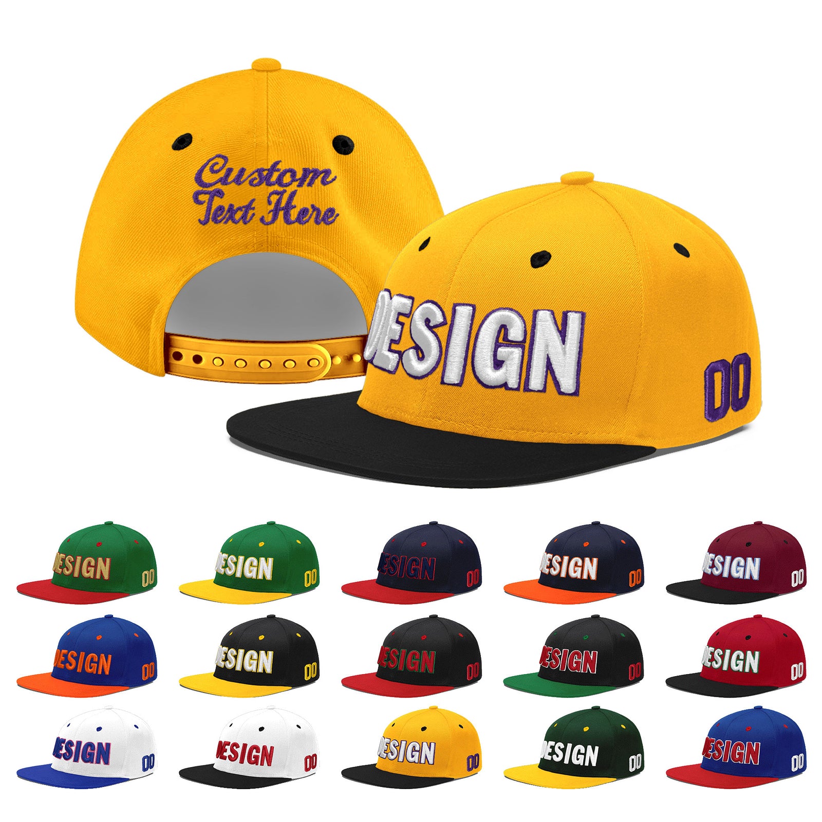 Custom Gold Black 59D Puff Embroidery Flat Embroidery Casual Sport Baseball Cap