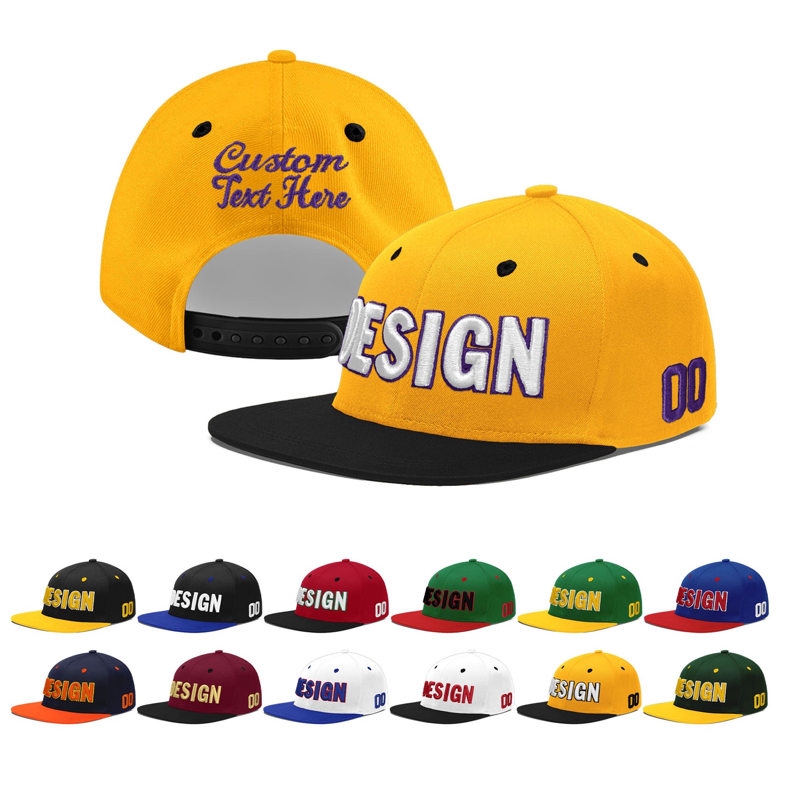 Custom Gold Black 59D Puff Embroidery Flat Embroidery Casual Sport Baseball Cap