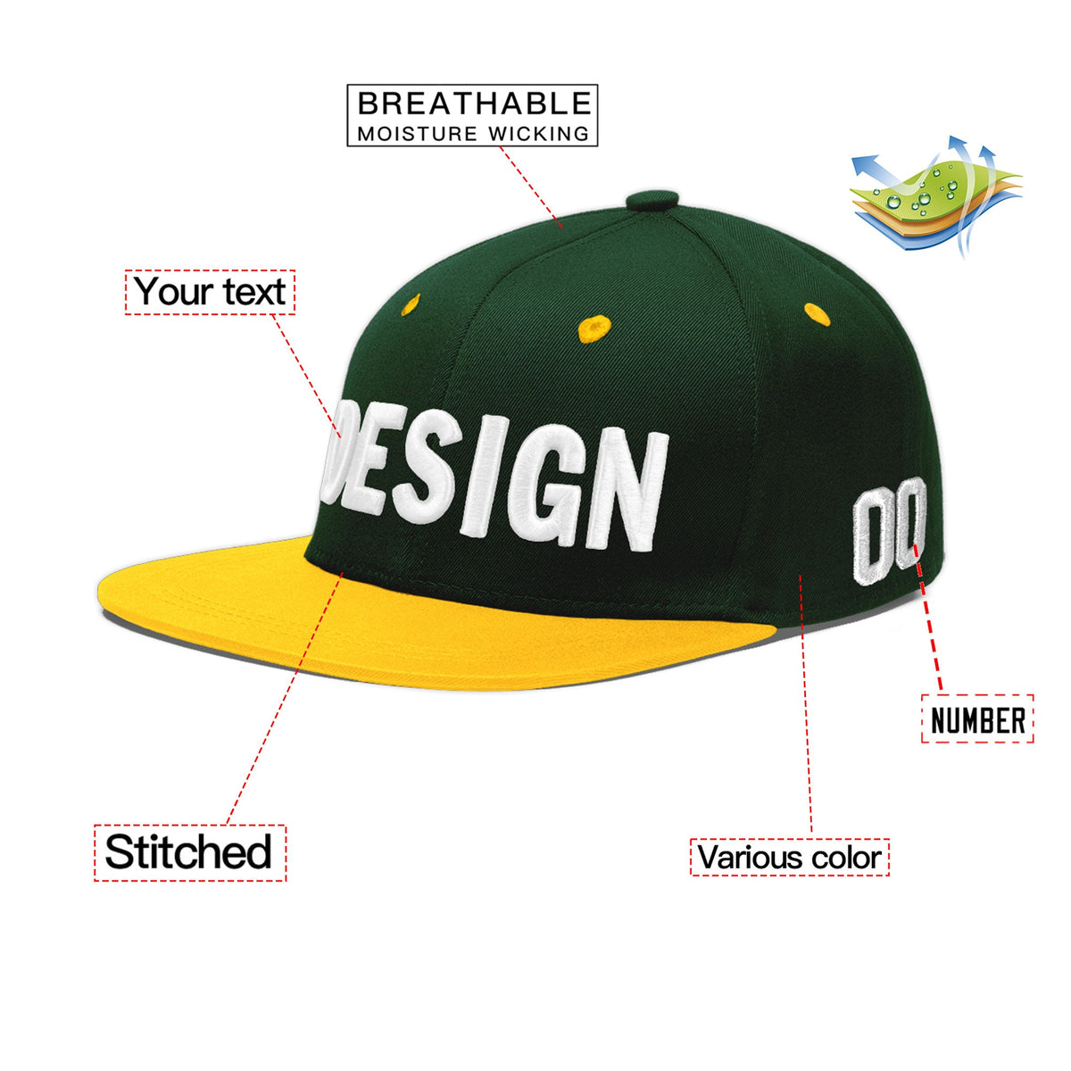 Custom Green Gold 3D Puff Embroidery Flat Embroidery Casual Sport Baseball Cap