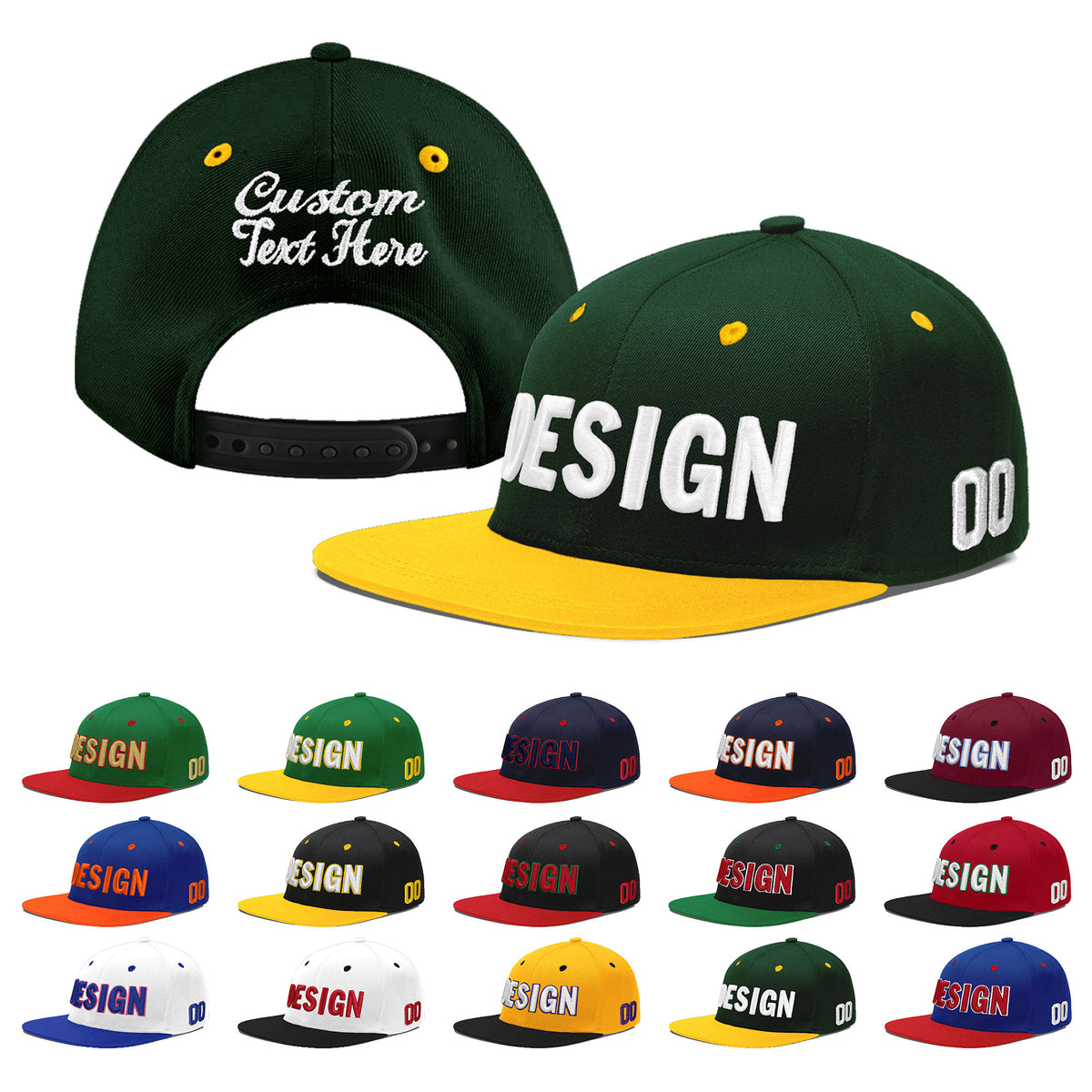 Custom Green Gold 3D Puff Embroidery Flat Embroidery Casual Sport Baseball Cap