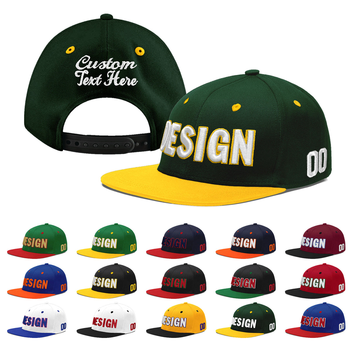 Custom Green Gold 3D Puff Embroidery Flat Embroidery Casual Sport Baseball Cap