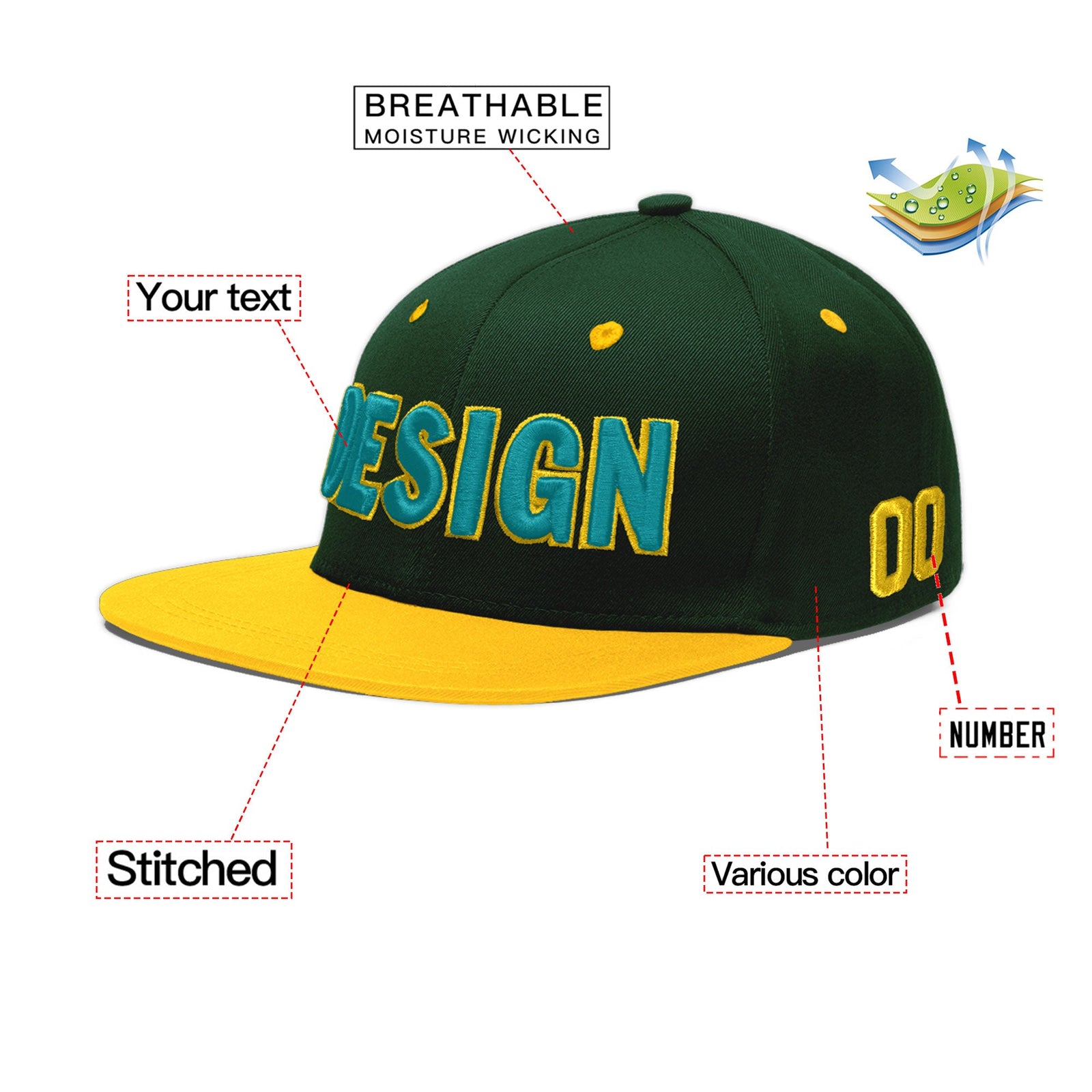 Custom Green Gold 3D Puff Embroidery Flat Embroidery Casual Sport Baseball Cap