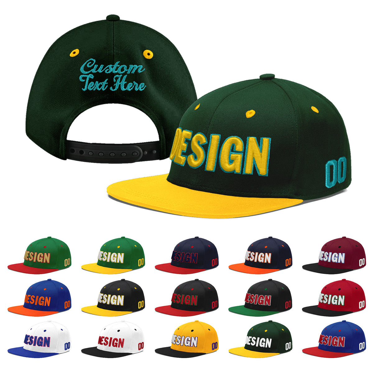 Custom Green Gold 3D Puff Embroidery Flat Embroidery Casual Sport Baseball Cap