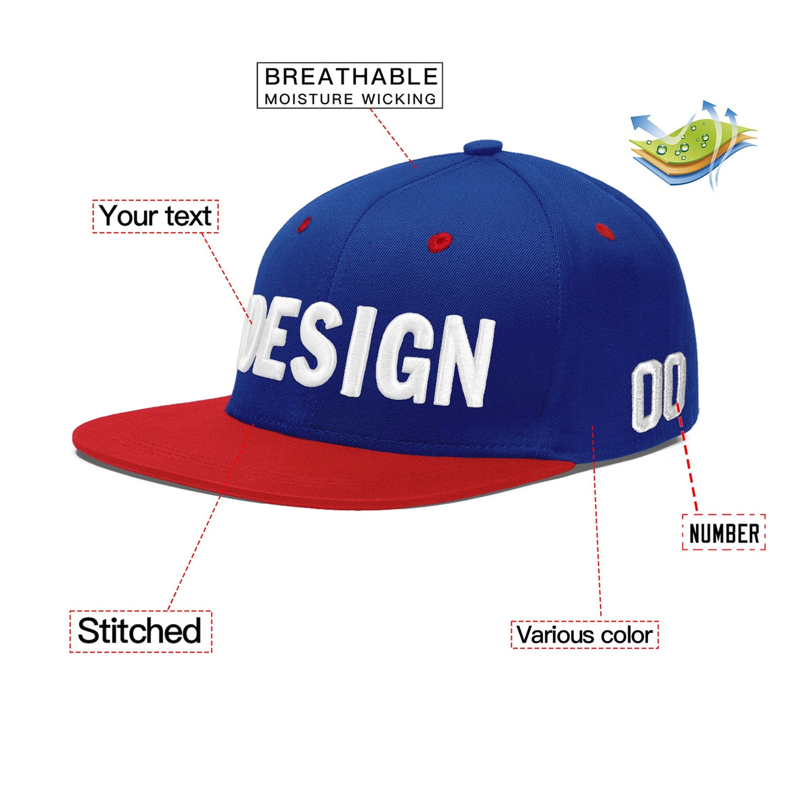 Custom Royal Blue Red 3D Puff Embroidery Flat Embroidery Casual Sport Baseball Cap