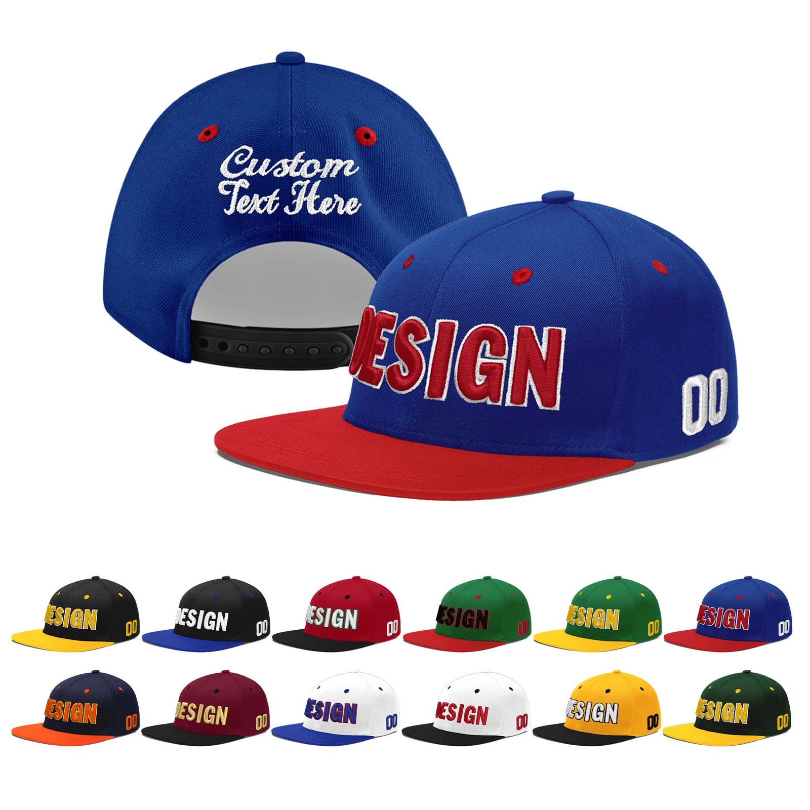 Custom Royal Blue Red 3D Puff Embroidery Flat Embroidery Casual Sport Baseball Cap