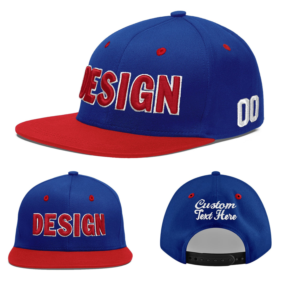 Custom Royal Blue Red 3D Puff Embroidery Flat Embroidery Casual Sport Baseball Cap
