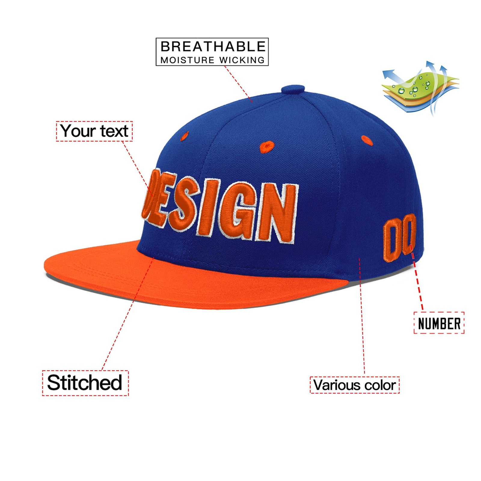 Custom Royal Blue Orange 3D Puff Embroidery Flat Embroidery Casual Sport Baseball Cap