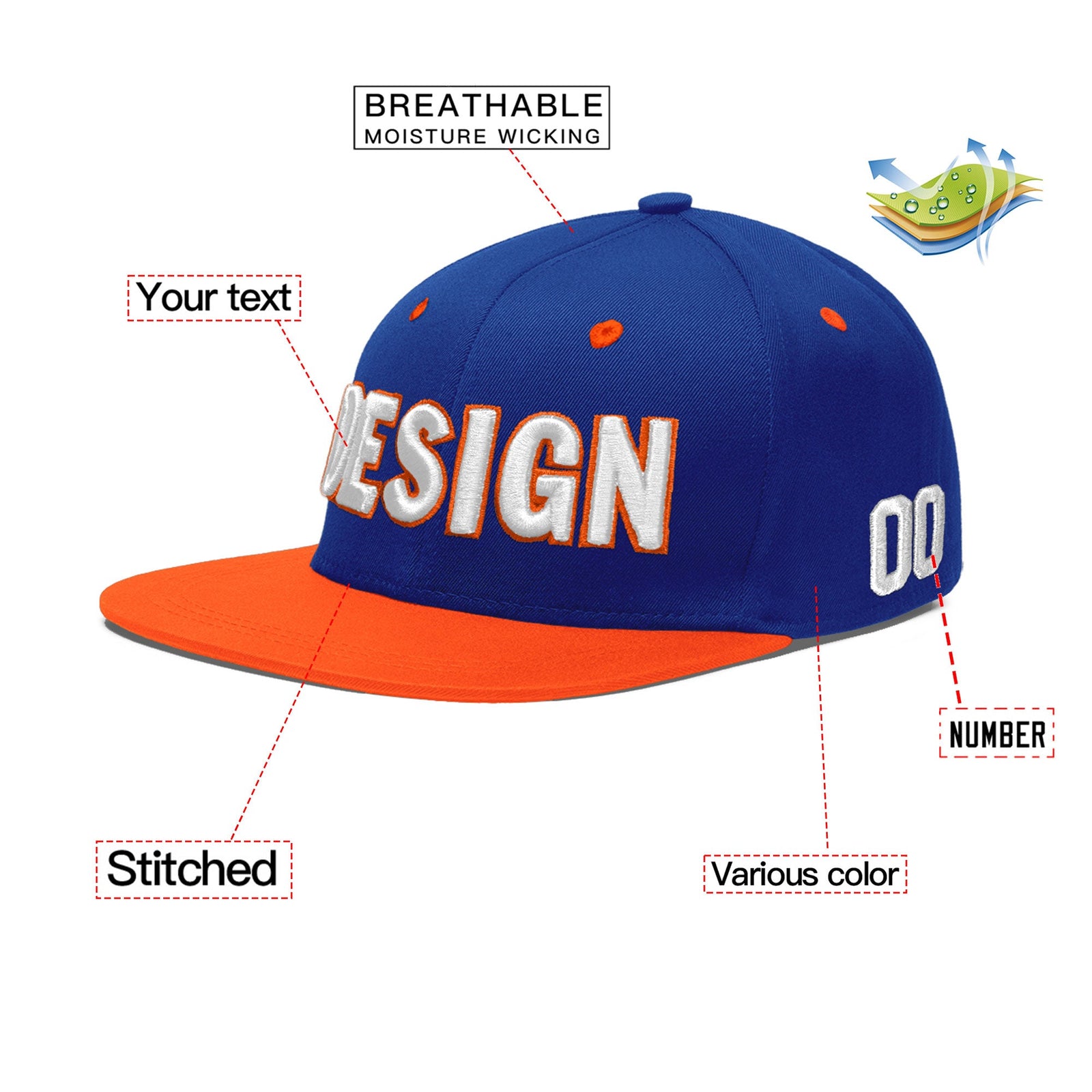 Custom Royal Blue Orange 3D Puff Embroidery Flat Embroidery Casual Sport Baseball Cap