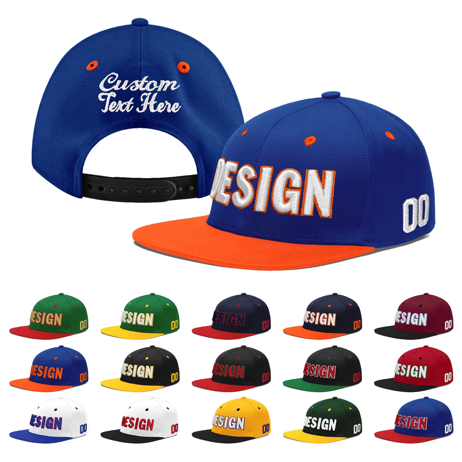 Custom Royal Blue Orange 3D Puff Embroidery Flat Embroidery Casual Sport Baseball Cap
