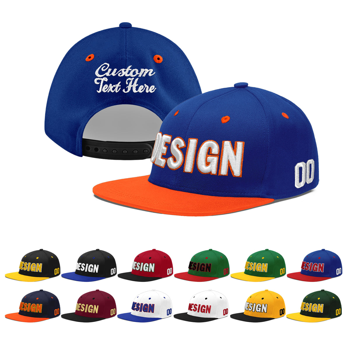 Custom Royal Blue Orange 3D Puff Embroidery Flat Embroidery Casual Sport Baseball Cap