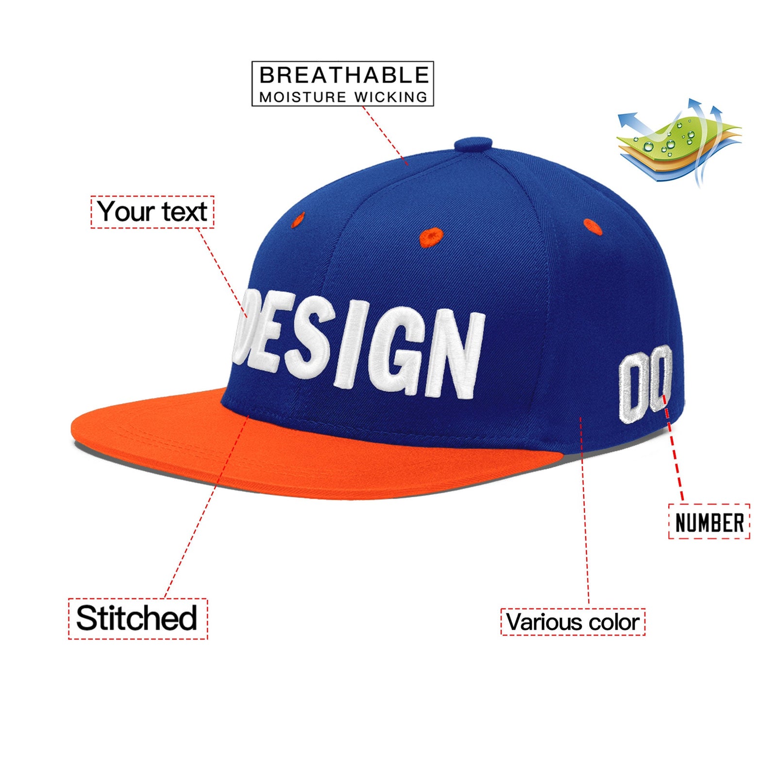 Custom Royal Blue Orange 3D Puff Embroidery Flat Embroidery Casual Sport Baseball Cap