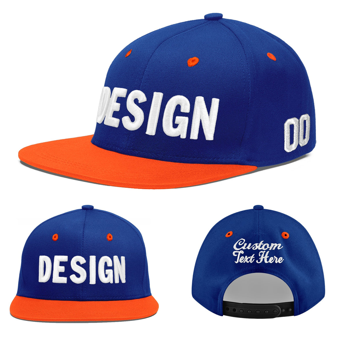 Custom Royal Blue Orange 3D Puff Embroidery Flat Embroidery Casual Sport Baseball Cap