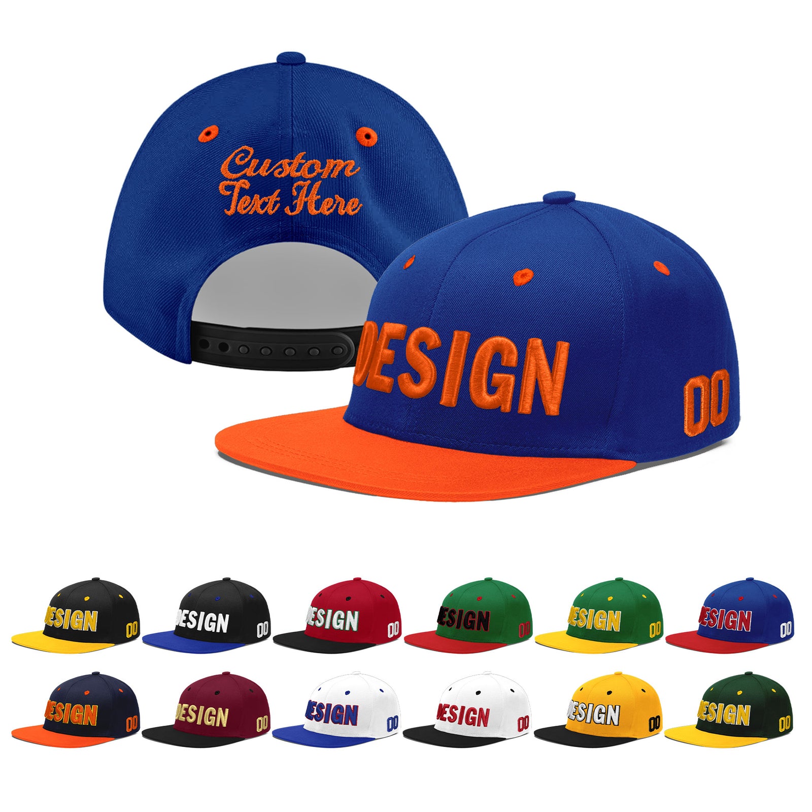 Custom Royal Blue Orange 3D Puff Embroidery Flat Embroidery Casual Sport Baseball Cap