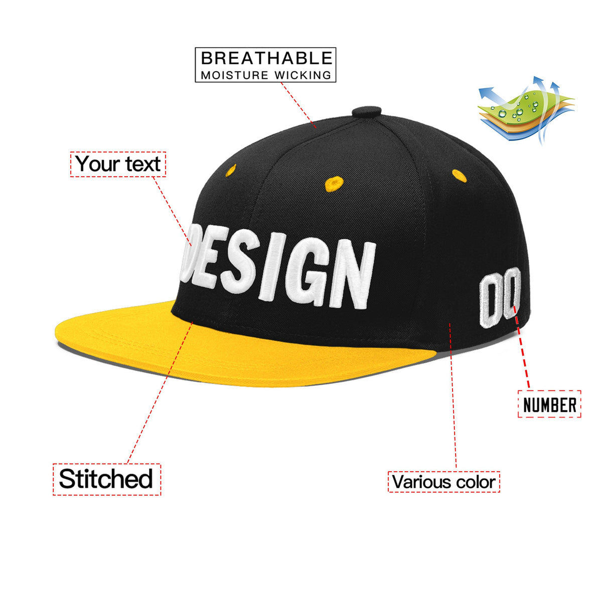 Custom Black Gold 3D Puff Embroidery Flat Embroidery Casual Sport Baseball Cap